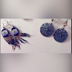 NWOT 2 pairs Earrings disks, beads; western design enamel fringe drop pierced